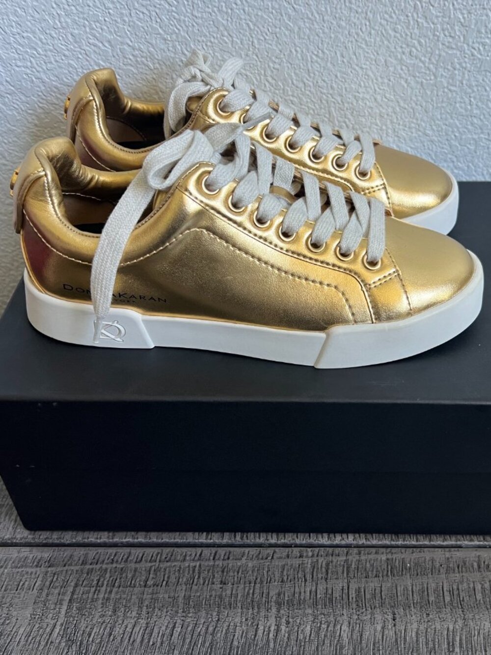 Donna Karan New York Gold Lace Up Sneakers Size 5.5 NIB